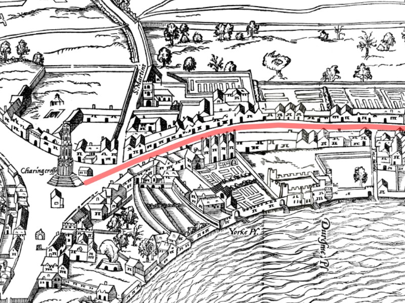 Bird’s eye view of Kiechel’s route along The Strand to Charing Cross.