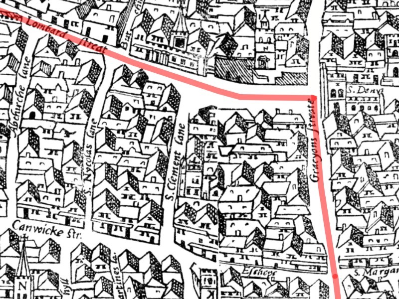 A bird’s-eye view of a part of London showing Kiechel’s route along Gracechurch and Lombard Street.