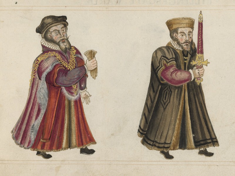 Drawing of two richly dressed men. One man walks in front of the other and carries a sword.