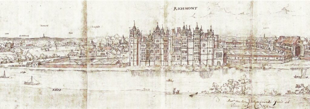 Drawing of Richmond Palace viewed across the Thames, showing the palace, gardens, yards and outer buildings.