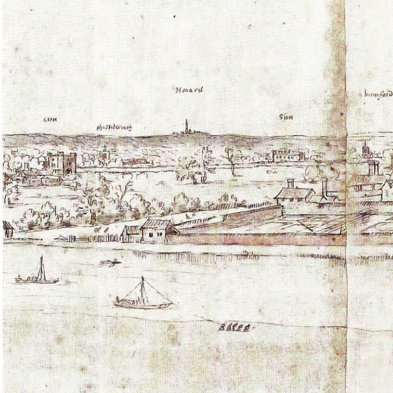 Drawing of Richmond Palace viewed across the Thames, showing the palace, gardens, yards and outer buildings.