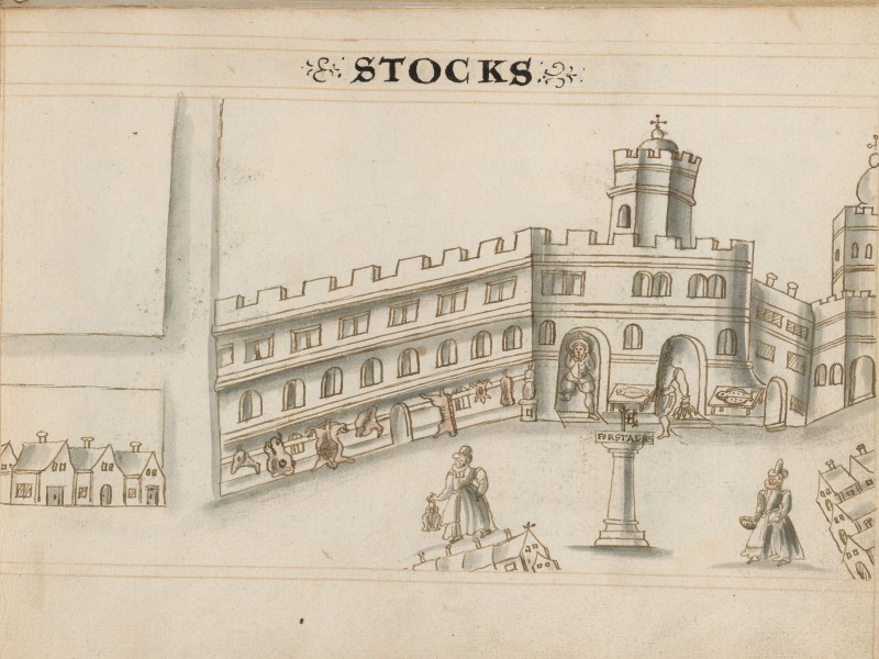 Drawing of the Stocks market showing a large building with stalls on the ground floor selling meat and produce.