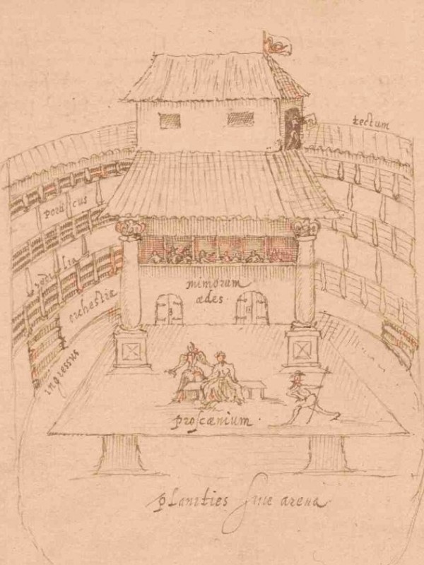 Drawing of the interior of the Swan Theatre showing the stage in the centre, surrounded by the areas for the audience.