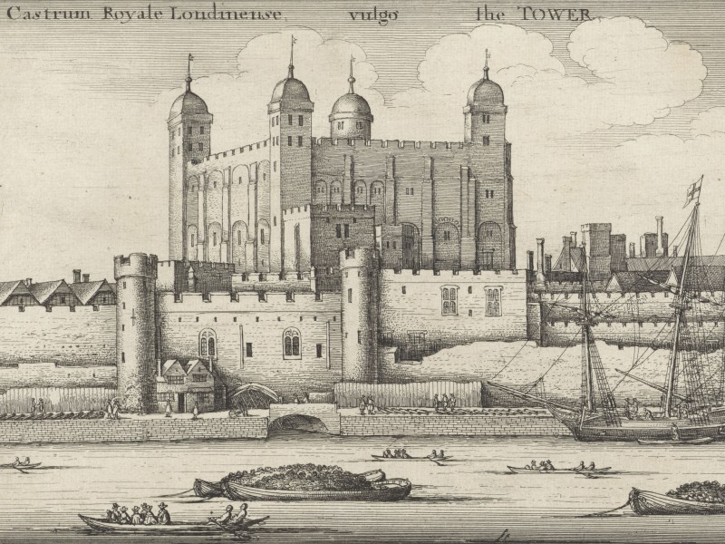 Print depicting the Tower as seen from the Thames; the focus is on the White Tower.
