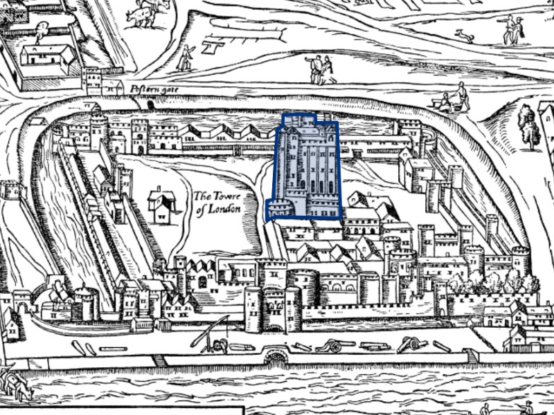 Segment of the Agas Map showing the Tower with the White Tower at the centre, surrounded by other fortifications and gatehouses.