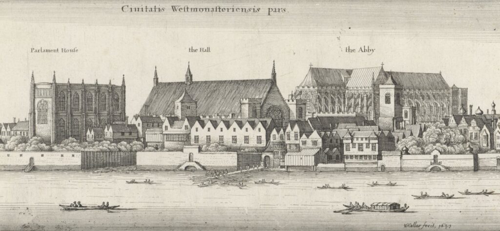 Print depicting Parliament House, Westminster Hall and Westminster Abbey as seen from the Thames.