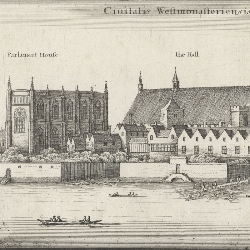 Print depicting Parliament House, Westminster Hall and Westminster Abbey as seen from the Thames.