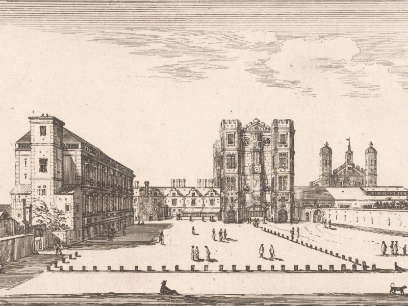 Print depicting the buildings of Whitehall Palace surrounding a large square.