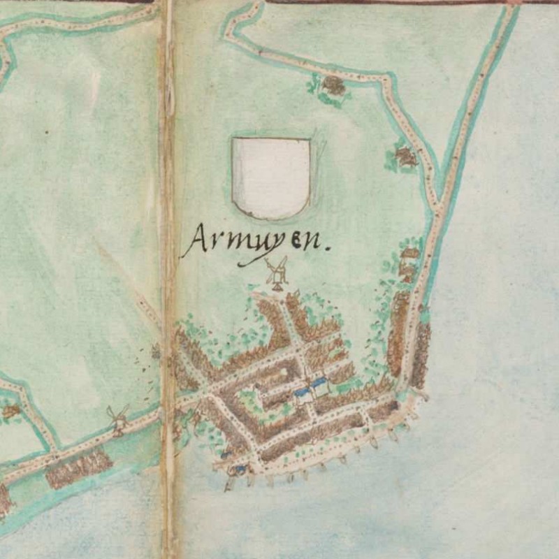 Hand-drawn map of Arnemuiden showing a barely fortified, small town on the coast.