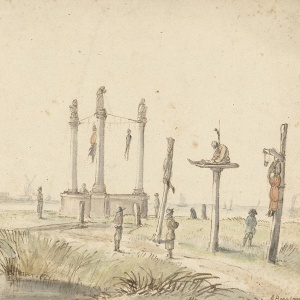 Drawing of a site of executions featuring a large gallows.