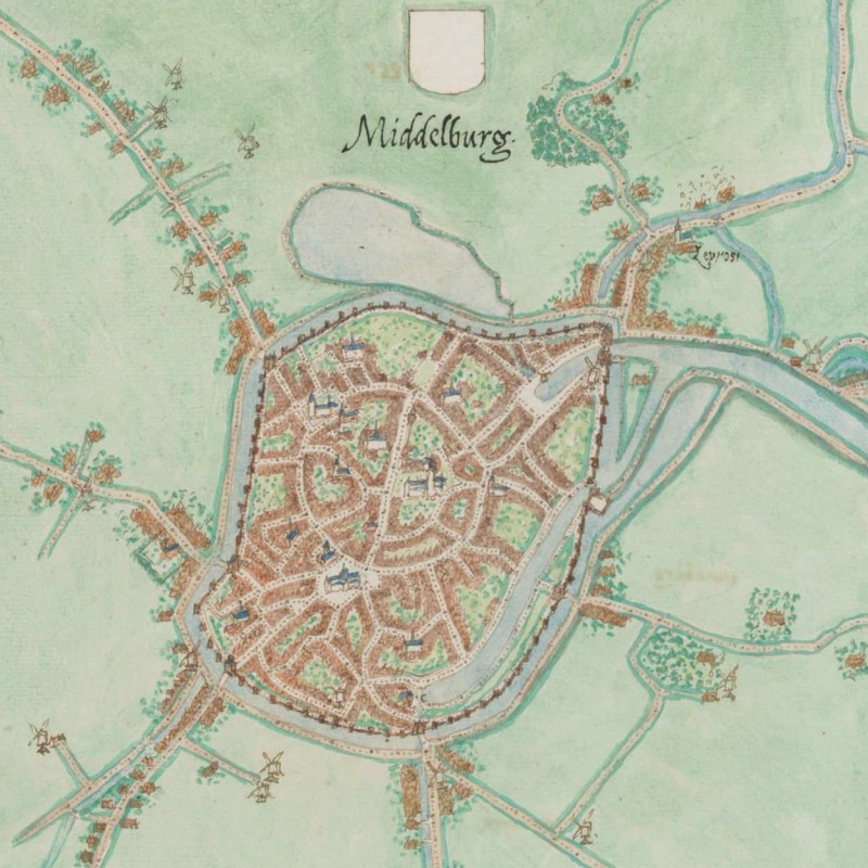 Hand-drawn map of Middelburg depicting a large, fortified city and its surrounding countryside. A canal on the right side extends from the city to the sea.