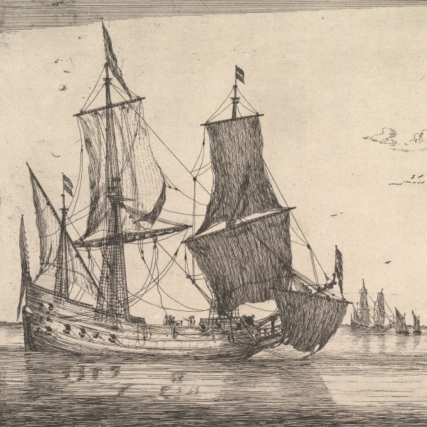 Print of a sailing ship setting sail to depart from a harbour.