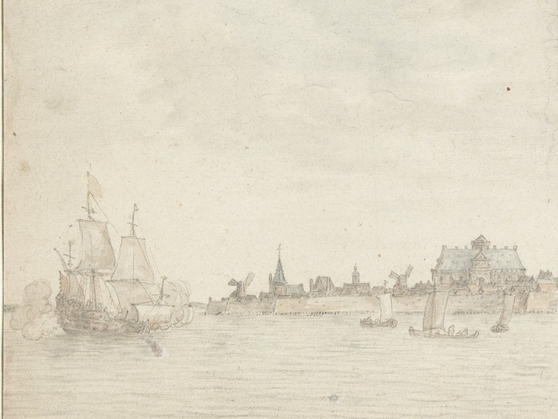 Drawing of Vlissingen as seen from the sea with ships in the foreground and the silhouette of the city in the background.