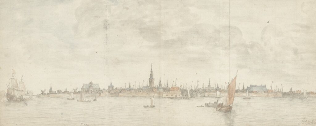 Drawing of Vlissingen as seen from the sea with ships in the foreground and the silhouette of the city in the background.