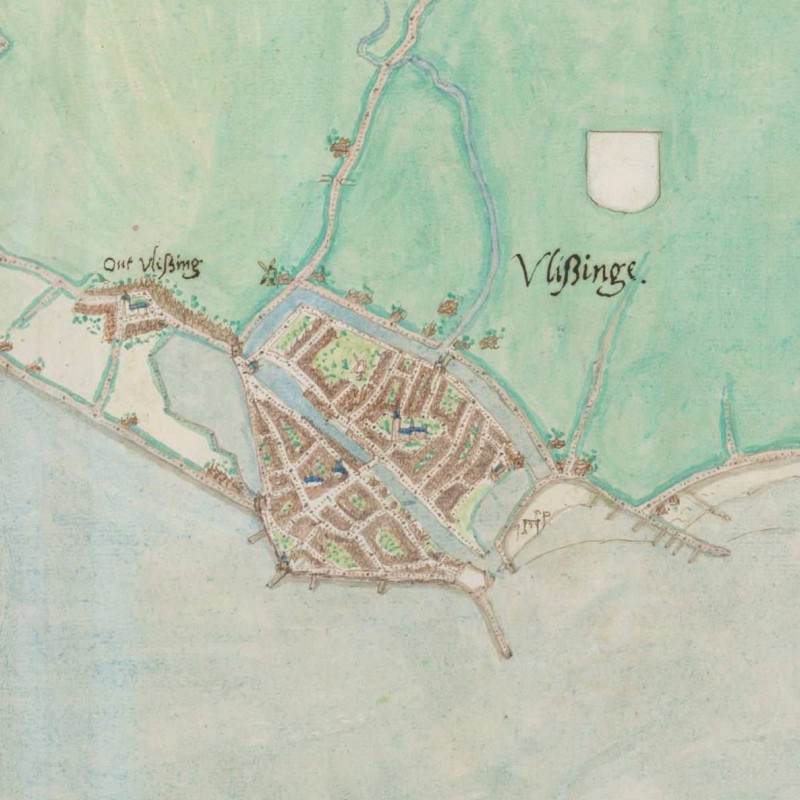 Hand-drawn map of Vlissingen showing a small, fortified city on the coast.
