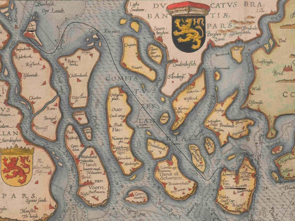 Naval chart of Zeeland showing the vast river delta and the numerous islands of the region. The traveller’s route is marked on the map.