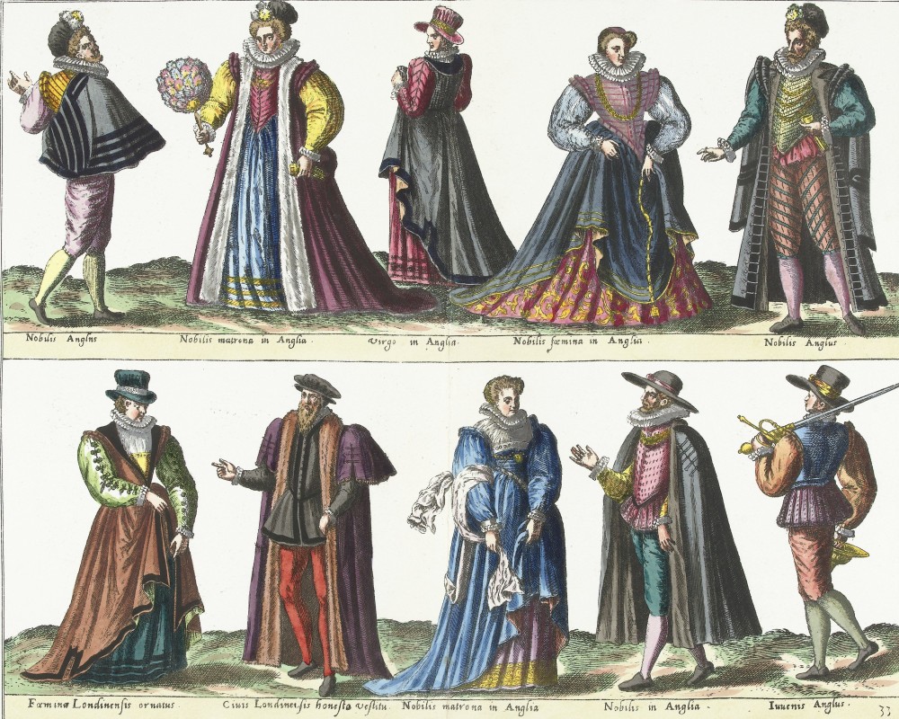 A page from a costume book depicting several individuals dressed in English fashion.