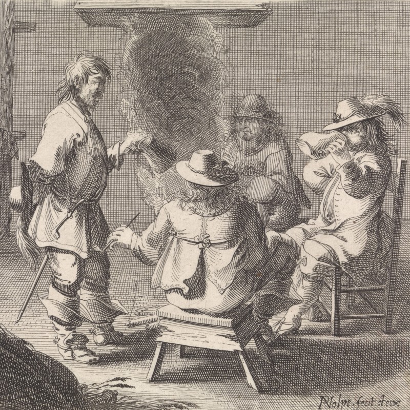 Print of four men round a fire in an inn, chatting and drinking.