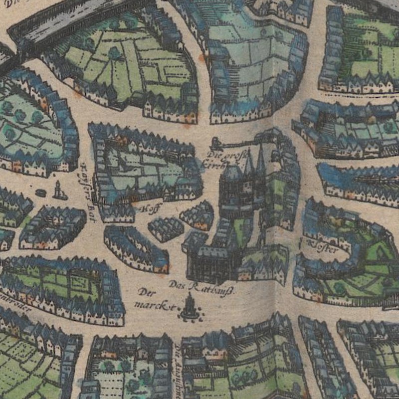 Enlarged segment of the bird’s-eye view showing the market square, town hall and Emperor’s Spa.