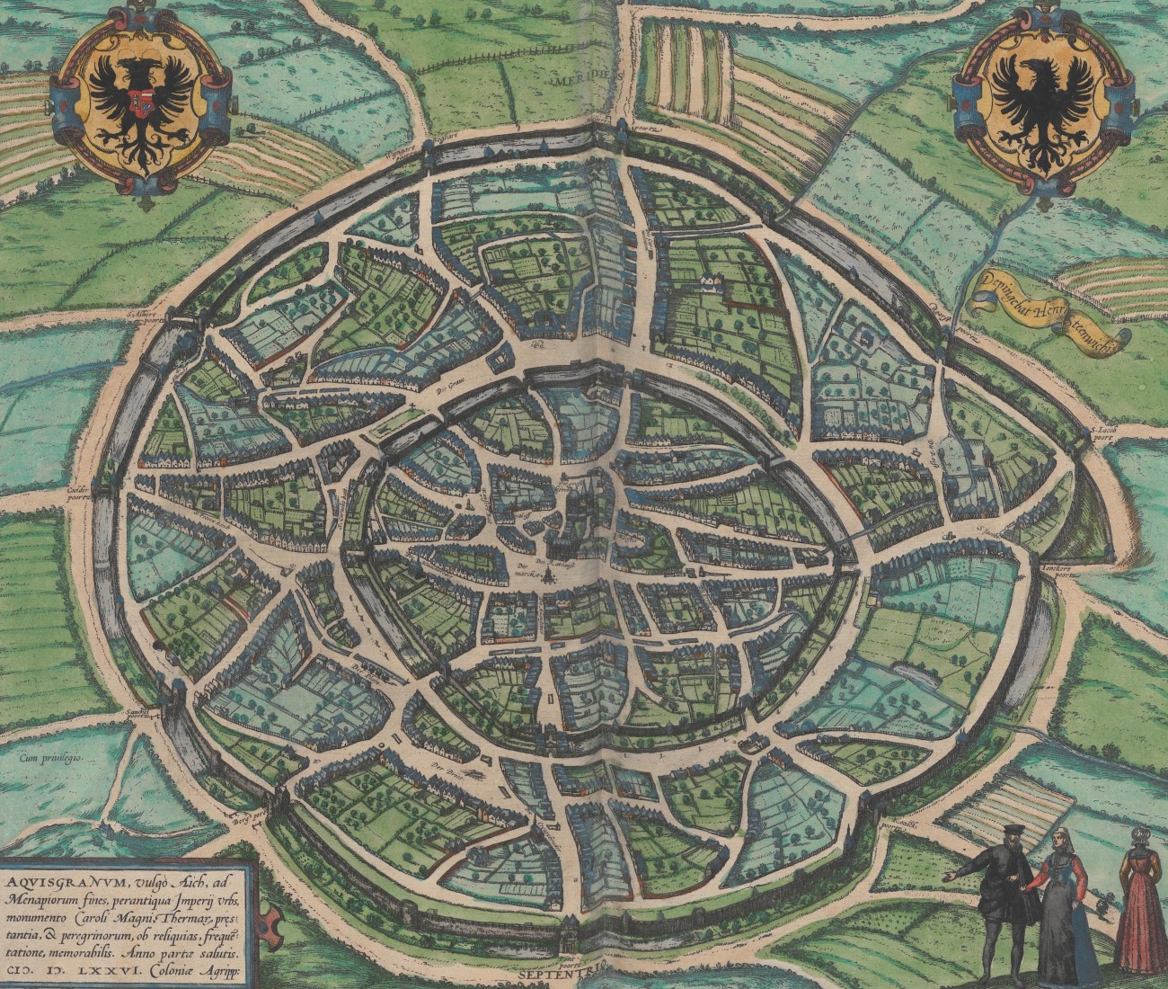 A bird’s-eye view of Aachen and the surrounding countryside. The city has a circular shape with the inner city forming another circle within.