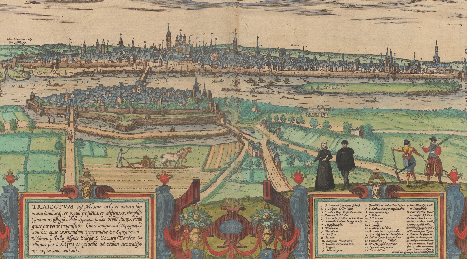 Profile view of Maastricht with fields in the foreground. The Meuse River features dominantly in the view.