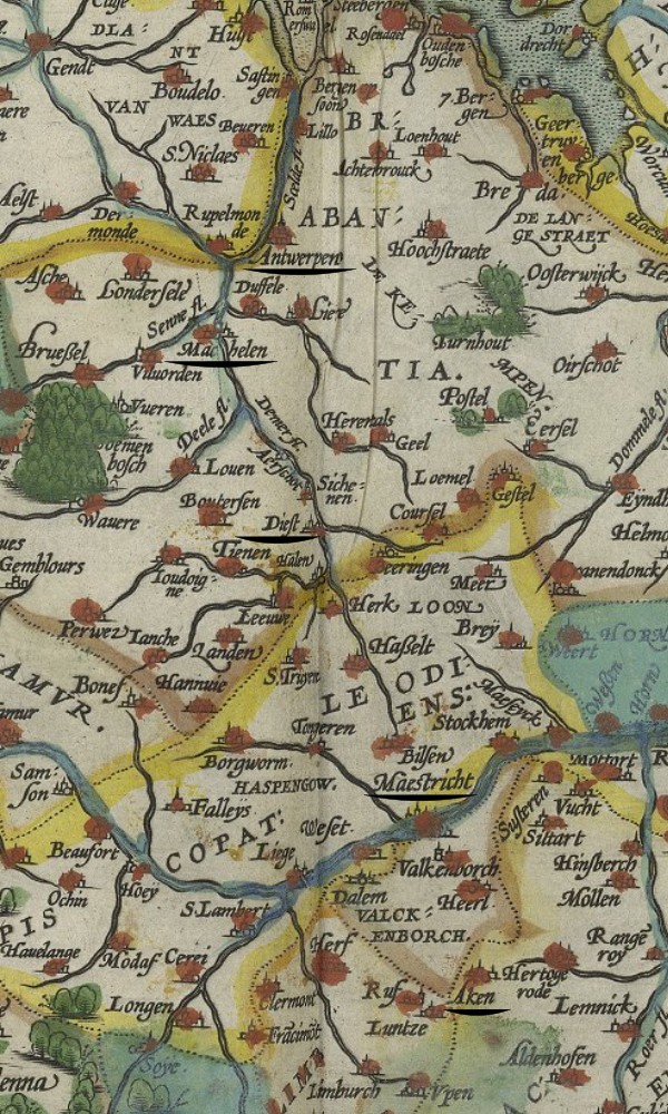 Sixteenth-century map of the Low Countries and locations along Samuel Kiechel’s route.