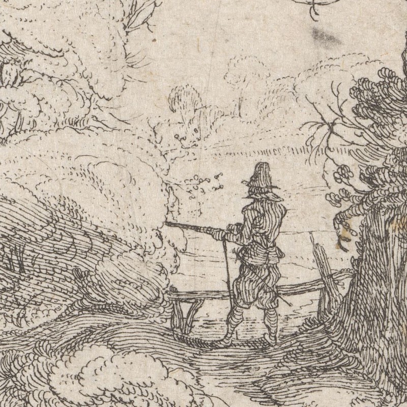 Print showing a man with a rifle standing amidst the bushes, watching a road.