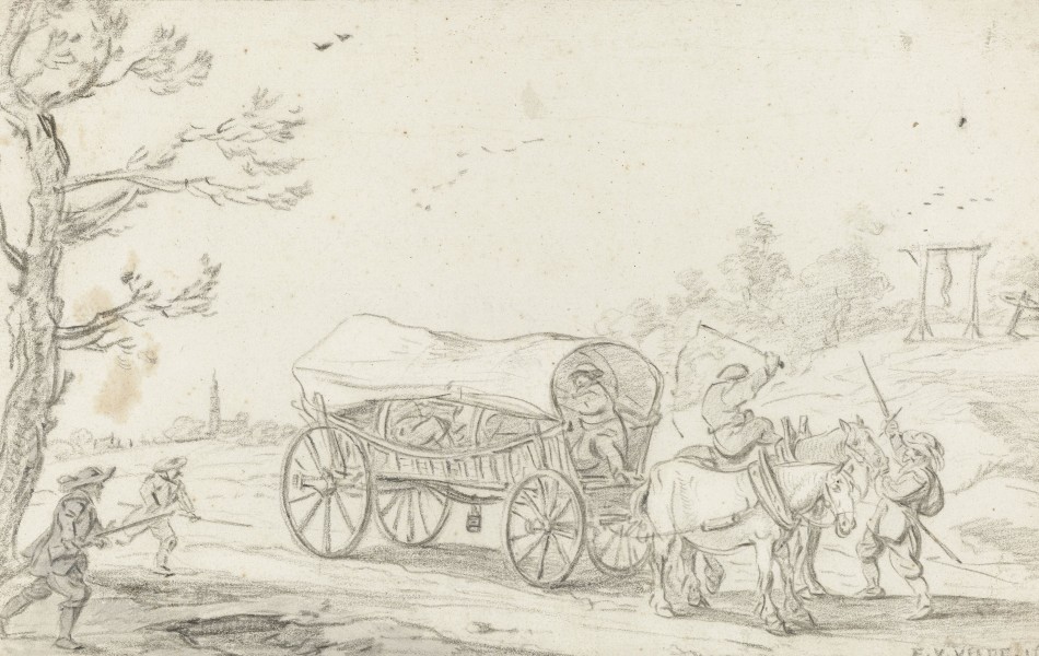 Drawing of three bandits attacking a carriage.
