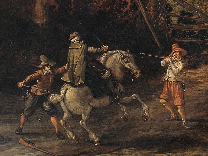 Painting of two bandits ambushing a traveller.