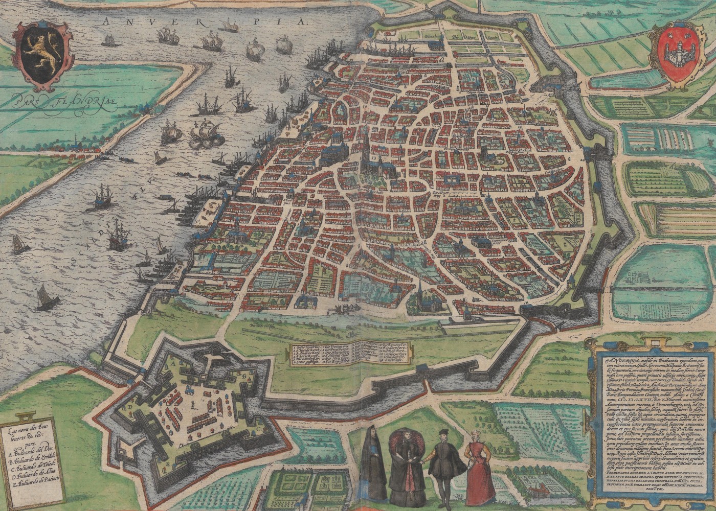 Bird’s-eye view of Antwerp before the siege, showing a large city beside a busy Scheldt River.