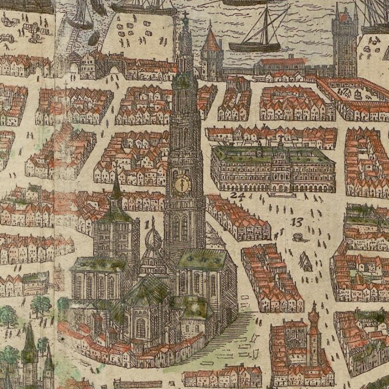 Detail of the bird’s-eye view showing the cathedral, town hall and marketplace of Antwerp.
