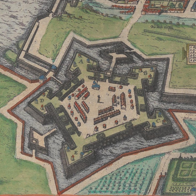 Detail of the bird’s-eye view showing the fortress south of the city.