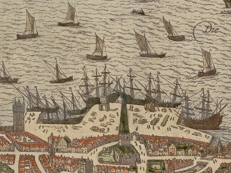 Detail of the bird’s-eye view showing the busy harbour of Antwerp with ships at anchor and goods on the quayside.
