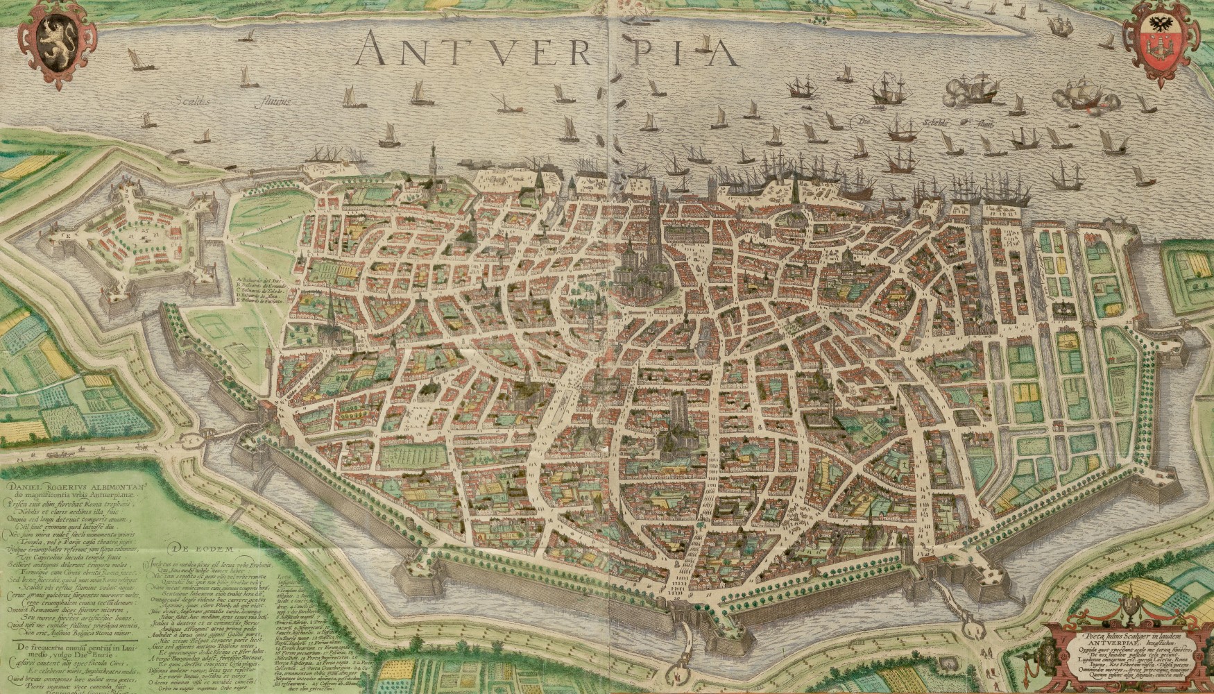 Bird’s-eye view of Antwerp from the east showing a large, fortified city on the Scheldt.