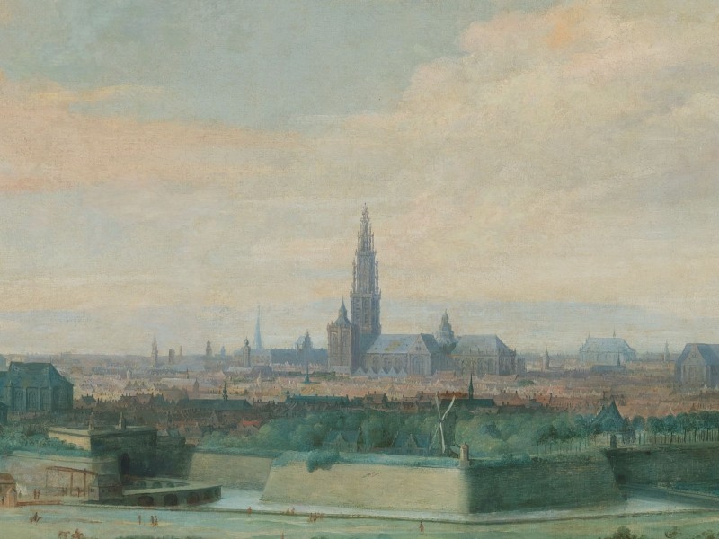Painting depicting a profile view of Antwerp in the early seventeenth century.