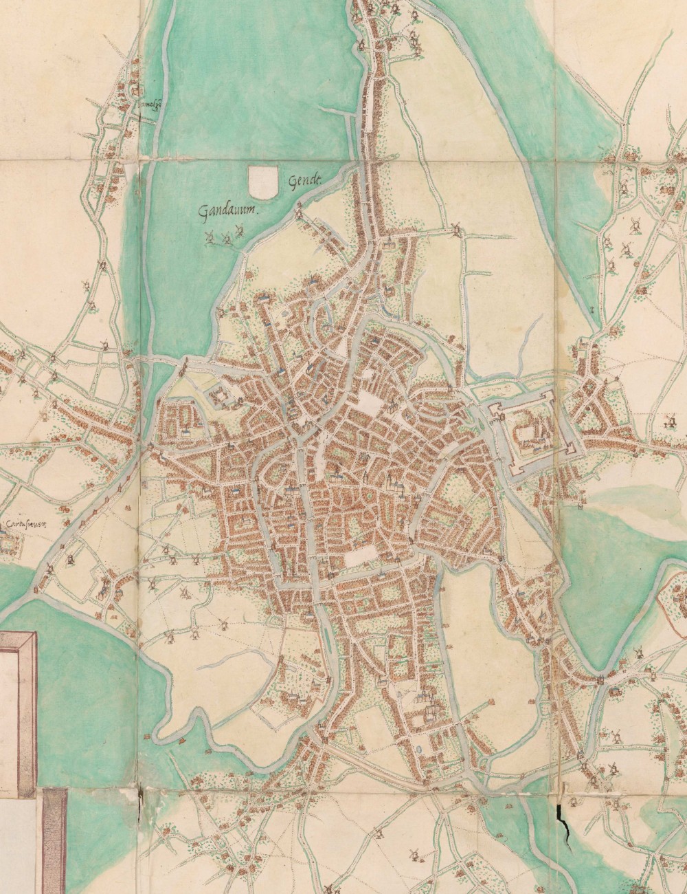 Hand-drawn map of Ghent and its surrounding countryside by Jacob van Deventer.