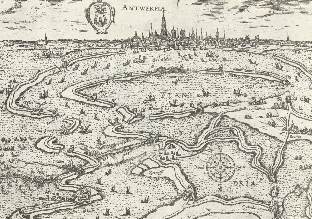 Print by Frans Hogenberg depicting the submerged landscape around Antwerp during the siege.