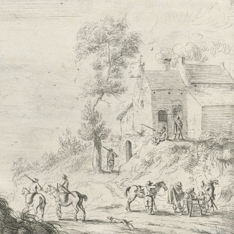 Drawing of travellers and soldiers on a country road.