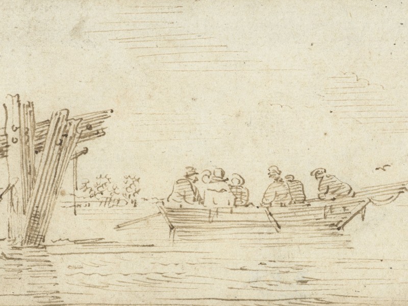 A rowing boat with many passengers glides along a river past several beams protruding from the water.