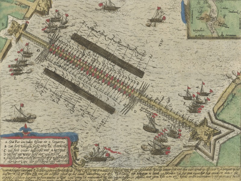 Print showing the wooden bridge built during the siege by the Spanish to block the Scheldt River.
