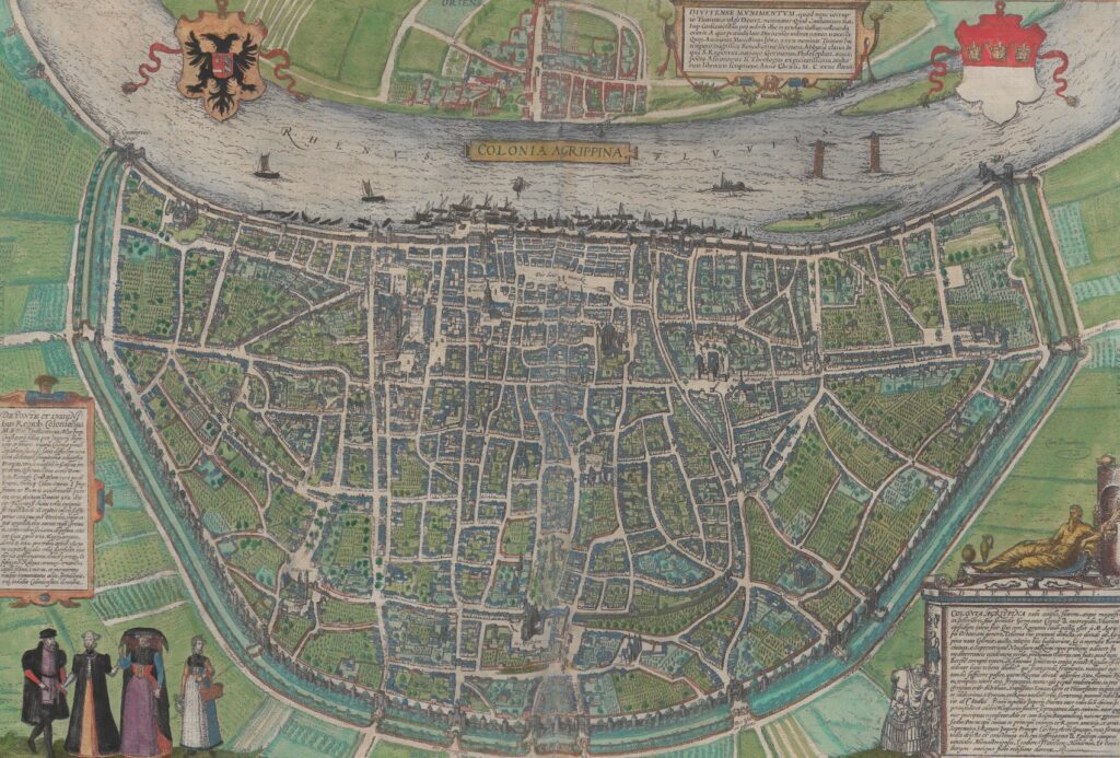 Bird’s-eye view of Cologne showing a large city in a semi-circle shape with the Rhine River at the top.