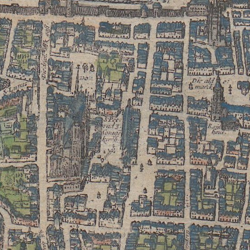 Enlarged segment of the bird’s-eye view of Cologne showing the market square and Cologne Cathedral.