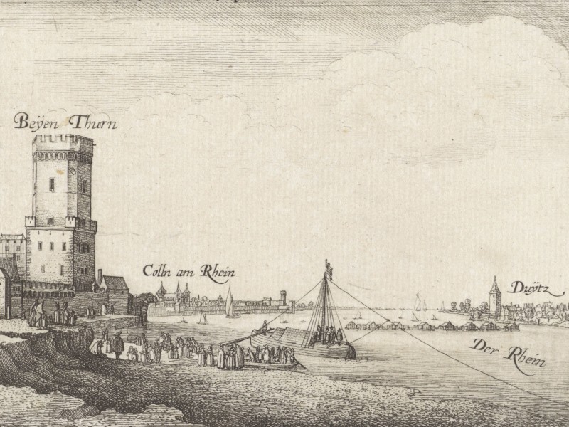 A print of a fortress on the Rhine with Cologne in the background.