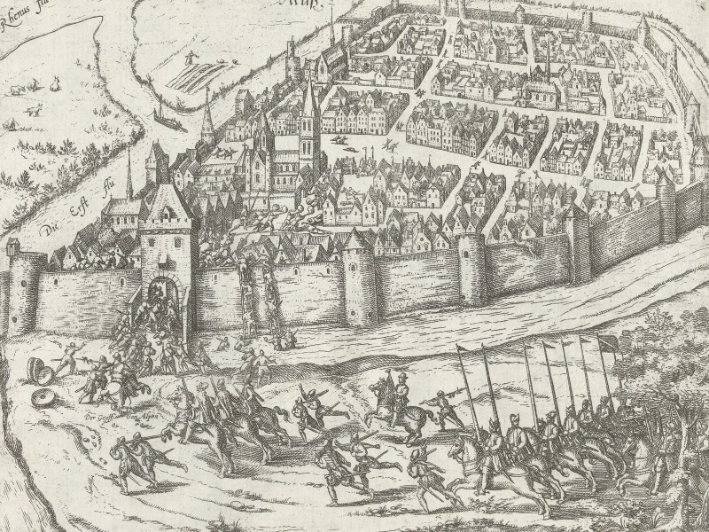Print depicting the siege of Neuss in 1585 with soldiers storming the walls.