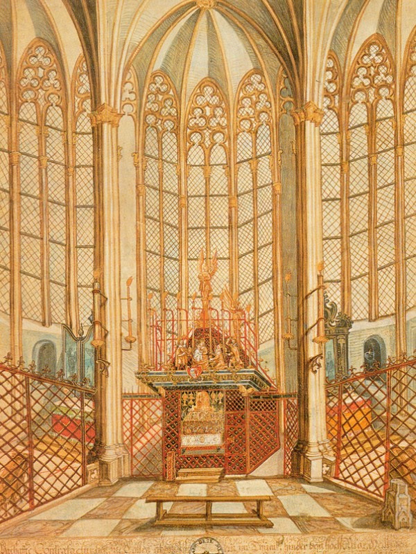 Seventeenth-century image showing the Shrine of the Three Kings in Cologne Cathedral.