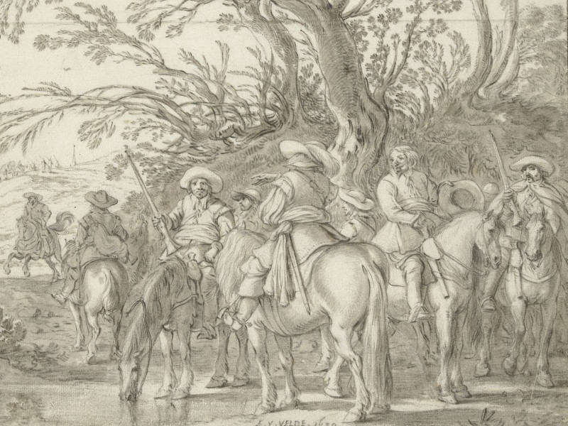 Drawing of a group of armed soldiers on horseback waiting in the bushes.