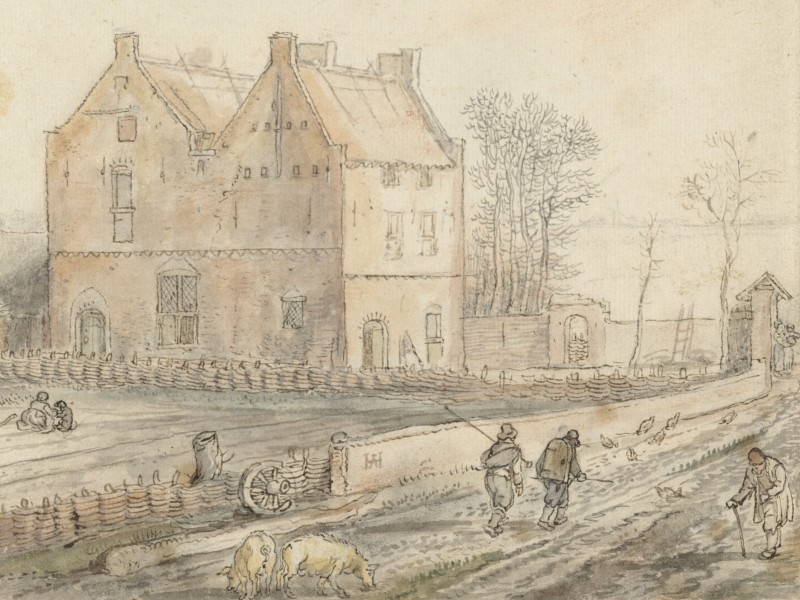 Drawing of a road past a country house with two travellers walking along it.