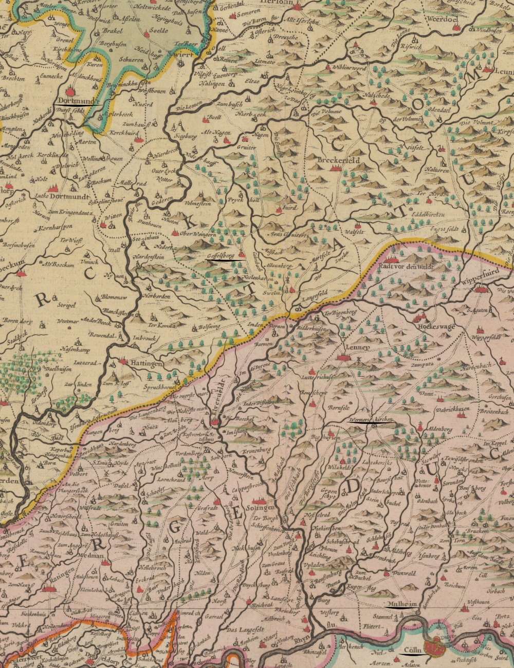 Seventeenth-century map of the Bergisches Land showing the locations along Samuel Kiechel’s route.