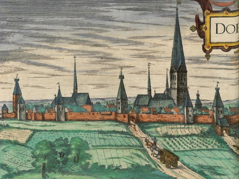 Bird’s-eye view of Dortmund displaying a fortified, small city with numerous churches.