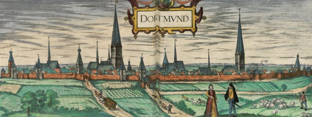 Bird’s-eye view of Dortmund displaying a fortified, small city with numerous churches.